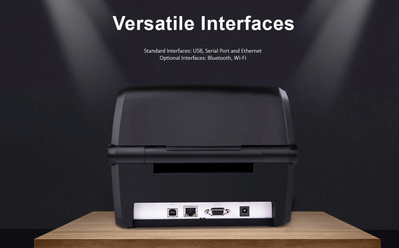 Back view of a imprimantă de coduri de bare showing multiple interface ports like USB, Serial, and Ethernet.